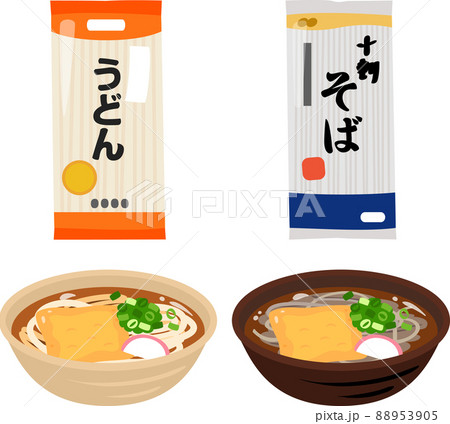 うどんと蕎麦の乾麺、調理例のイラストセット うどんと蕎麦の乾麺、調理例のイラストセット 88953905