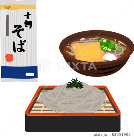 十割蕎麦の乾麺とざるそばと温そばのイラスト素材