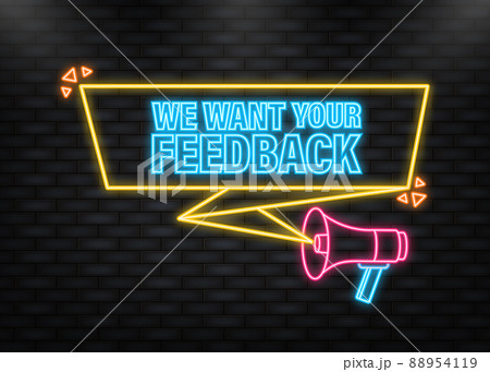 Neon Icon. We want your feedback megaphone yellow banner in 3D style. Vector illustration 88954119