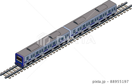 線路の上を走る立体的な青い電車のアイソメトリックイラスト. 88955197