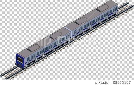 線路の上を走る立体的な青い電車のアイソメトリックイラスト. 線路の上を走る立体的な青い電車のアイソメトリックイラスト. 88955197