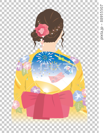 浴衣姿の女性　後ろ姿（うちわ風鈴柄） 88955507