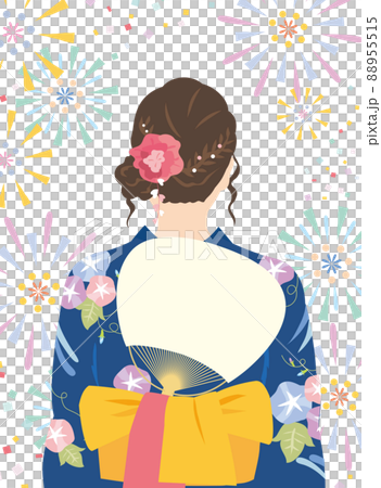 浴衣姿の女性 後ろ姿(花火 うちわ無地) 浴衣姿の女性 後ろ姿(花火 うちわ無地) 88955515