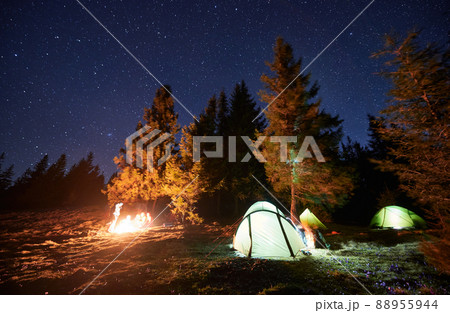 Silhouettes group of travelers spending time together by campfire in evening under starry sky. To the right of tourists three bright luminous tents. Camping of good friends in the mountains at night. 88955944