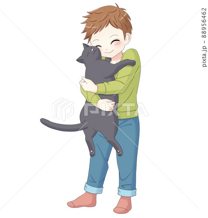 黒猫を抱きしめる幼い男の子のイラスト素材