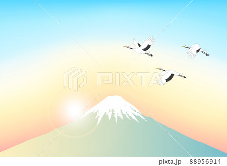 富士山と初日の出の風景に三羽の鶴が飛んでいるイラスト はがきサイズ横型のイラスト素材