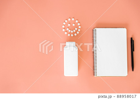 Pills on pink background, flat lay, medicine concept. 88958017