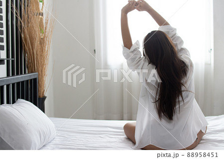 Portrait young smile happy beautiful asian woman relax bedroom. Portrait young smile happy beautiful asian woman relax bedroom. 88958451