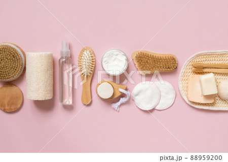 Organic natural cosmetics and zero waste reusable accessories for skin and hair care flat lay Organic natural cosmetics and zero waste reusable accessories for skin and hair care flat lay 88959200
