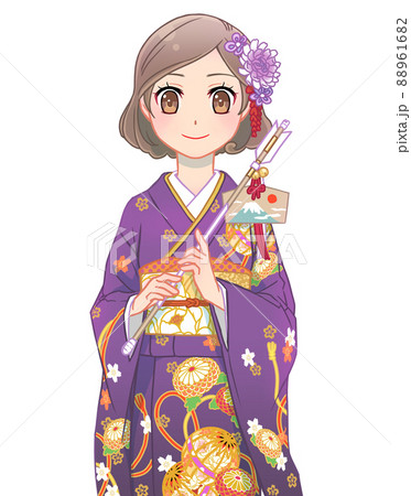 破魔矢を持った振袖の女性(主線色付き) 破魔矢を持った振袖の女性(主線色付き) 88961682