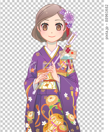 破魔矢を持った振袖の女性(主線色付き) 破魔矢を持った振袖の女性(主線色付き) 88961682