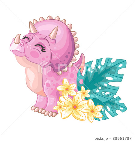 Cute cartoon pink triceratops with flowers vector isolated illustration Cute cartoon pink triceratops with flowers vector isolated illustration 88961787