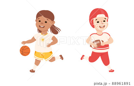 Kids doing sports set. Cute children playing american football and basketbal cartoon vector illustration 88961891