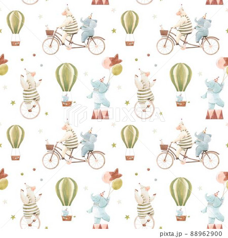 Beautiful children seamless pattern with cute watercolor hand drawn circus animals. Sheep juggle on unicycle, baby elephant with air balloons. Stock illustration. 88962900