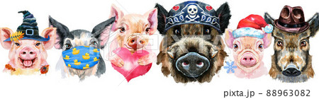Border from pigs. Watercolor portraits of pigs and boars 88963082