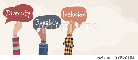 Raised arms of multicultural men and woman holding speech bubble whit text -Diversity - Equality - Inclusion - People of diverse cultures. Banner copy space. Tolerance and acceptance Raised arms of multicultural men and woman holding speech bubble whit text -Diversity - Equality - Inclusion - People of diverse cultures. Banner copy space. Tolerance and acceptance 88963383