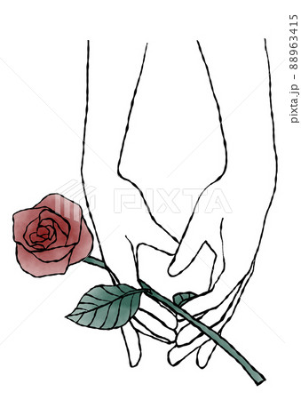 二人が手をそっと触れ合って、バラを持っている手描きイラスト（水彩画