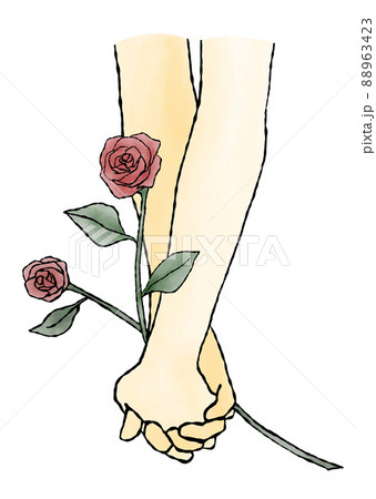 しっかりと手を繋いで薔薇を持っている二人の手描き水彩イラストの