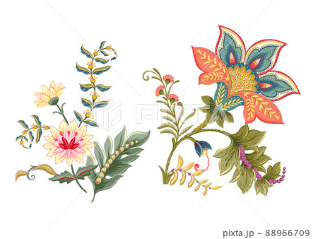 Fantasy flowers in retro, vintage, jacobean embroidery style. Fantasy flowers in retro, vintage, jacobean embroidery style. 88966709