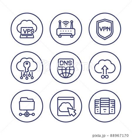 hosting, dns and vpn line icons set on white 88967170