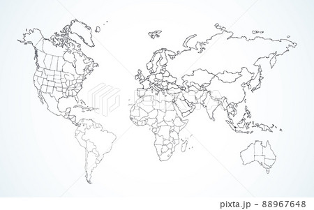World map. Continents with the contours of the countries. Vector drawing 88967648