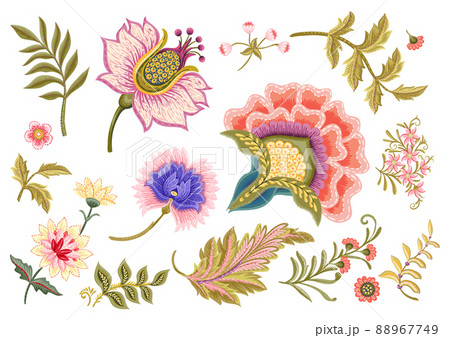 Fantasy flowers in retro, vintage, jacobean embroidery style. Fantasy flowers in retro, vintage, jacobean embroidery style. 88967749