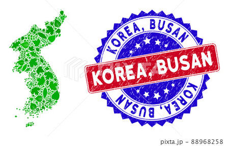 Bicolor Korea, Busan Distress Seal Stamp and Herbal Green Mosaic of North and South Korea Map Bicolor Korea, Busan Distress Seal Stamp and Herbal Green Mosaic of North and South Korea Map 88968258
