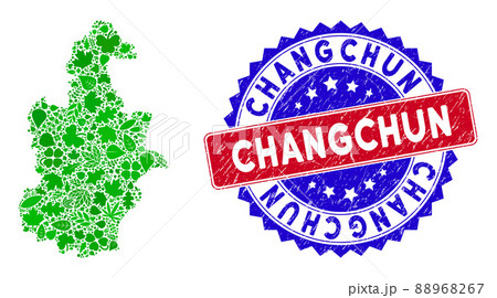 Bicolor Changchun Scratched Rubber Stamp and Ecology Green Collage of Tianjin City Map Bicolor Changchun Scratched Rubber Stamp and Ecology Green Collage of Tianjin City Map 88968267