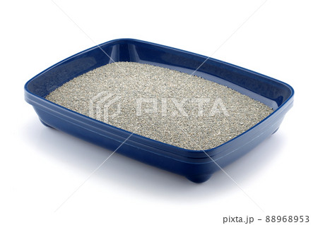 A blue cat litter tray with clumping litter isolated on white A blue cat litter tray with clumping litter isolated on white 88968953