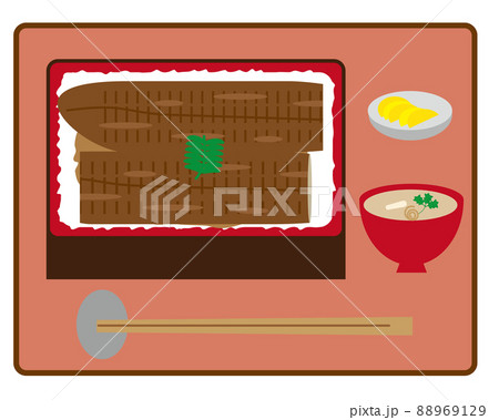土用の丑の日に出前で持ってきてもらった鰻重・肝吸い・お漬物のイラストセット・高級料理トレイあり 土用の丑の日に出前で持ってきてもらった鰻重・肝吸い・お漬物のイラストセット・高級料理トレイあり 88969129