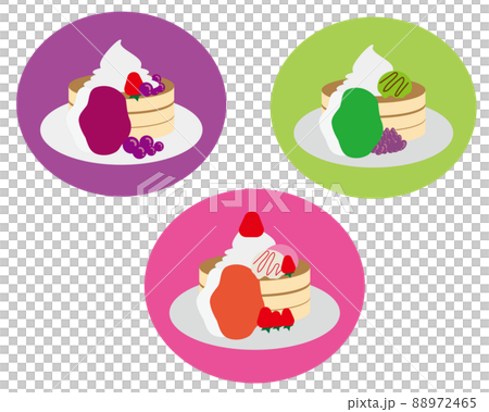 Cute pancake illustration 3-piece set, strawberry, blueberry, matcha, hot cake, flashy 88972465