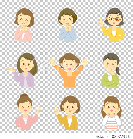 イラスト素材セット 正面や横向きで商品の感想や説明をする姿 若い バストアップ 主線なし のイラスト素材