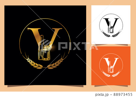 Gold Glass and Bottle Beer Monogram Sign Letter V Gold Glass and Bottle Beer Monogram Sign Letter V 88973455