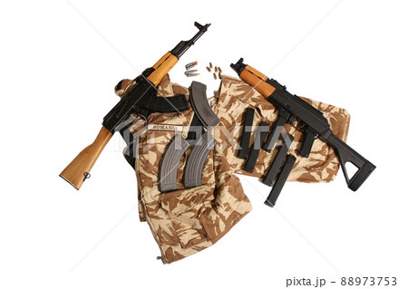 Romanian AK47 and AK47 Pistol on Romanian Military Uniform Romanian AK47 and AK47 Pistol on Romanian Military Uniform 88973753