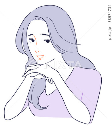 頬杖をついて笑顔で喋る大人の女性 88974734
