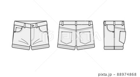 denim shorts flat sketch front and back view technical cad drawing  template, womens five pocket denim jean short pant vector illustration  template. isolated on white background. Stock Vector | Adobe Stock
