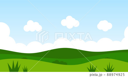 landscape cartoon scene with green hills and white cloud in summer blue sky background 88974925