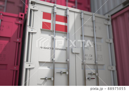 Goods from Denmark in cargo container and printed national flag. Business related 3D rendering Goods from Denmark in cargo container and printed national flag. Business related 3D rendering 88975055
