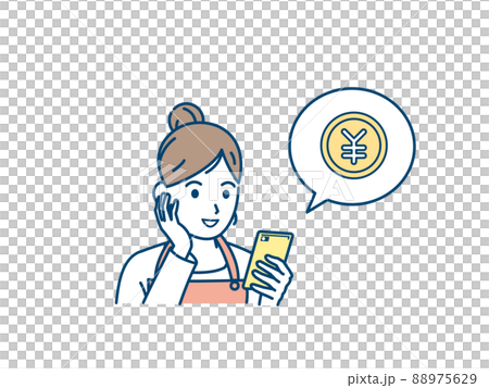 スマートフォンを使う主婦　女性　スマホ　お金　支払い　稼ぐ　副業　送金　ネットバンキング 88975629