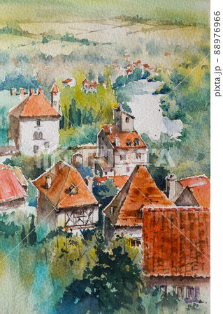 南フランスの小さな村 水彩画 風景画のイラスト素材 [88976966