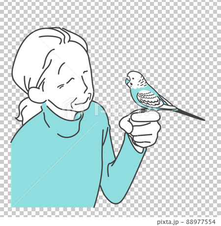 Grandmother smiling at a hand-held budgerigar-Senior Pet Bird Therapy 88977554