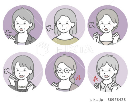 怒る高齢女性の斜め向き丸アイコンセット 88978428
