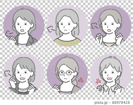 怒る高齢女性の斜め向き丸アイコンセット 88978428