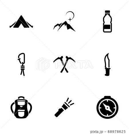 Set of black icons isolated on white background, on theme Mountaineering Set of black icons isolated on white background, on theme Mountaineering 88978625