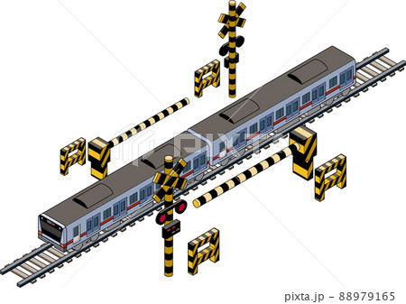 線路の上を走る立体的なオレンジ電車と遮断機のアイソメトリックイラスト. 線路の上を走る立体的なオレンジ電車と遮断機のアイソメトリックイラスト. 88979165