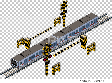 Isometric illustration of a three-dimensional orange train running on a railroad track and a barrier. Isometric illustration of a three-dimensional orange train running on a railroad track and a barrier. 88979165