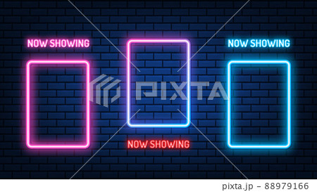 Neon Cinema mockup sign. glowing color neon square. shining led or halogen lamps frame banners. on brick wall vector set. Neon Cinema mockup sign. glowing color neon square. shining led or halogen lamps frame banners. on brick wall vector set. 88979166