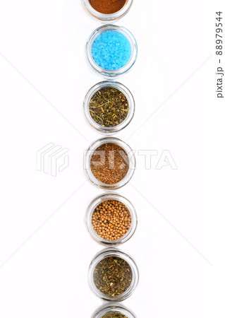 Glass containers with paprika, salt, sea salt and french mustard Glass containers with paprika, salt, sea salt and french mustard 88979544