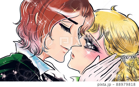 70年代少女漫画イケメン王子と突然の口づけをする金髪縦ロールお姫様のイラスト 88979818