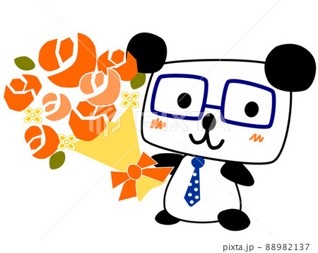 父の日に子供からオレンジの花束をもらったパンダのイラスト。青い四角メガネと水玉ネクタイのパパぱんだ。 88982137